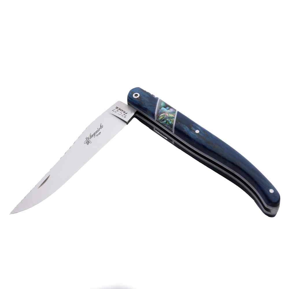 Blue laguiole knife with shell inlay